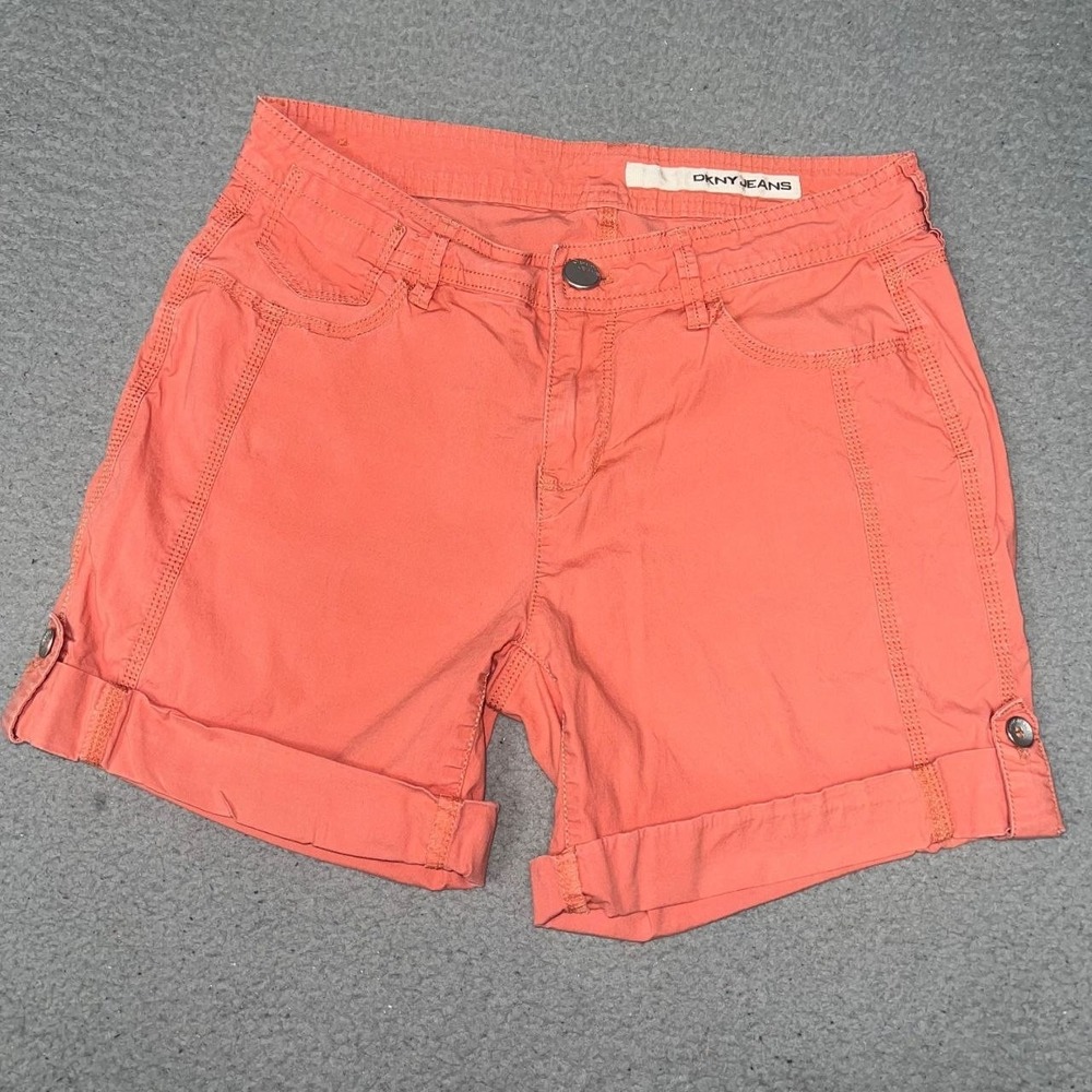 VTG DKNY Jeans Shorts Women Sz 2 (278x5) Coral Pink Roll Tab Cuff Flat Front Y2K